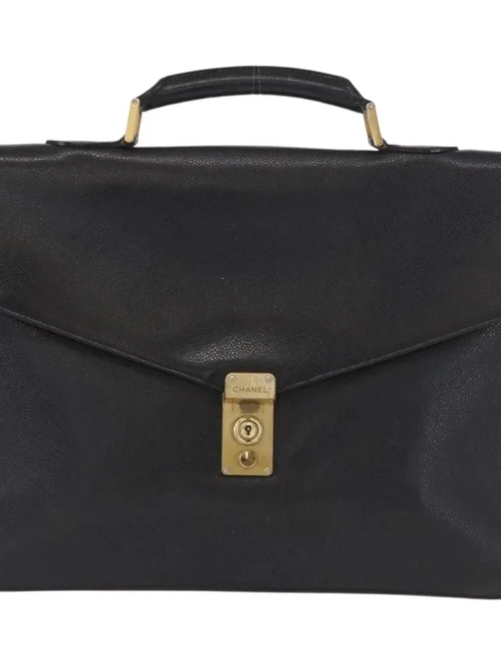 CHANEL Business Bag Grained Calf Skin Black Gold CC Auth 164528